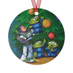 Disney Pixar Christmas Metal Ornament featuring Buzz Lightyear and aliens decorating Christmas tree from the  movie Toy Story