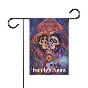 Coco Disney. Día de los Muertos. Bandera personalizada para el jardín o el hogar con Miguel, Mamá Coco, Mamá Imelda y papá. Acuérdate de mí.