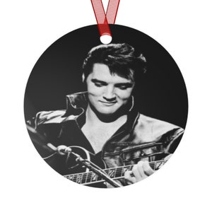 Elvis Presley Christmas metal ornament in black and white playing guitar