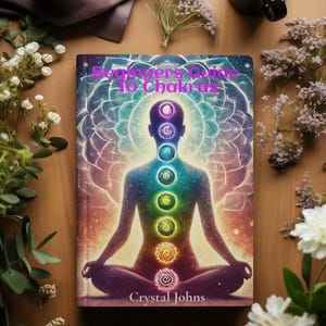 May include: A book titled "Beginner's Guide to Chakras" with a colorful illustration of a person in a meditative pose with seven chakras represented by colored circles along the spine. The author's name, Crystal Johns, is printed at the bottom of the cover.