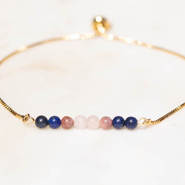 Taurus Bracelet | Rose Quartz, Rhodonite, Lapis Lazuli Adjustable Taurus Crystal Bracelet | Gold, Silver, Rose Gold, or Cord | Taurus Gifts