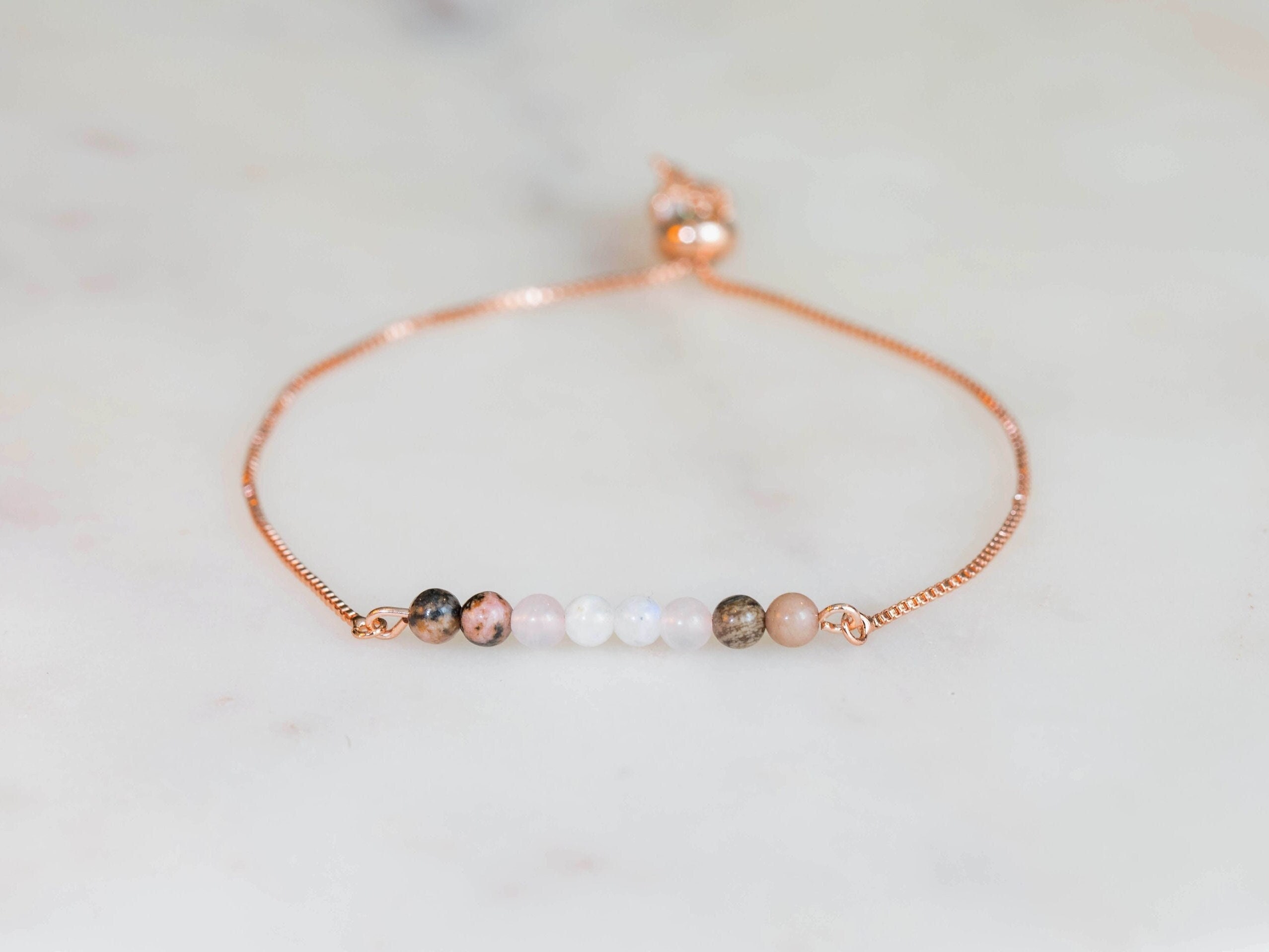 Rhodonite Bracelet, Crystal Healing Beaded Bracelets for Women in Rose Gold & Sterling Silver, Anxiety Bracelet Gift for Her
