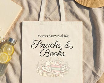 Mom's Survival Kit Snacks & Books Tote Bag | Funny Bookish Mom Canvas Bag | Library Tote | Reader Gift | Book Lover Bag