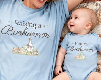 Bookish Mommy and Me Matching Shirts | Raising a Bookworm Mom Shirt & Future Bookworm Baby Bodysuit | Reading Family Gift