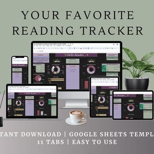May include: A digital reading tracker template displayed on various devices, including a computer, laptop, tablet, and smartphone. The template features a dark theme with charts and graphs. Text on the image reads "Your Favorite Reading Tracker" and "Hello Reader".