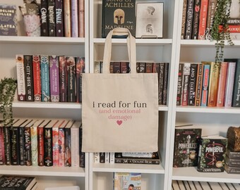 I Read for Fun and Emotional Damage Tote Bag | Funny Bookish Canvas Tote | Reader Gift | Library Bag | Book Lover Tote