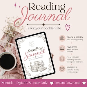 Könnte beinhalten: Ein digitales Lesetagebuch auf einem Tablet, mit dem Text "Reading Journal" und "Track your bookish life". Das Design umfasst florale Akzente, eine Kaffeetasse und einen Blumenstrauß. Das Tagebuch verspricht, Lesereisen, Favoriten und Herausforderungen zu verfolgen.