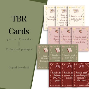 Puede incluir: Un conjunto de tarjetas TBR (Por leer) con indicaciones de lectura, con diseños florales y frases como "Lee un libro de fantasía" y "Lee un libro publicado en 2020". La imagen también muestra el texto "300+ tarjetas" y "Descarga digital".