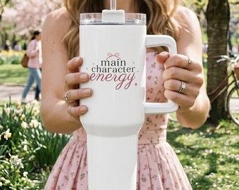 Main Character Energy 40oz Tumbler | Bookish Travel Mug | Reader Gift | Stainless Steel Cup with Handle & Straw