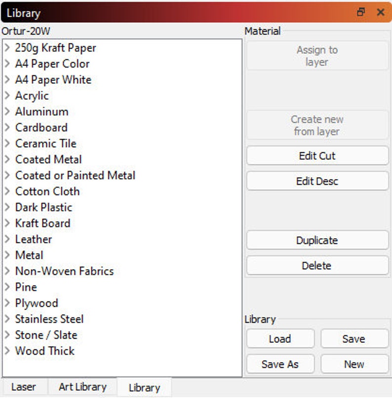 ORTUR Laser Master 2 Lightburn Material Cut Library 20 Material Presets