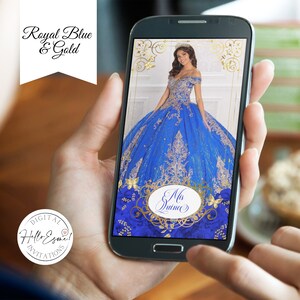 May include: A digital invitation for a Quincea&ntilde;era celebration. The invitation features a young woman in a royal blue and gold dress with a gold crown. The text "Mis Quince" is displayed in a gold oval frame.
