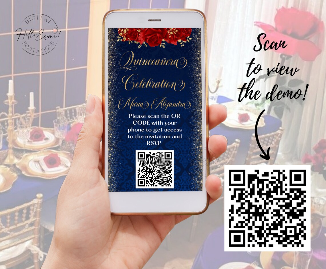 Qr Code Rsvp Quinceanera Invitation Navy Blue, Gold, Red Roses