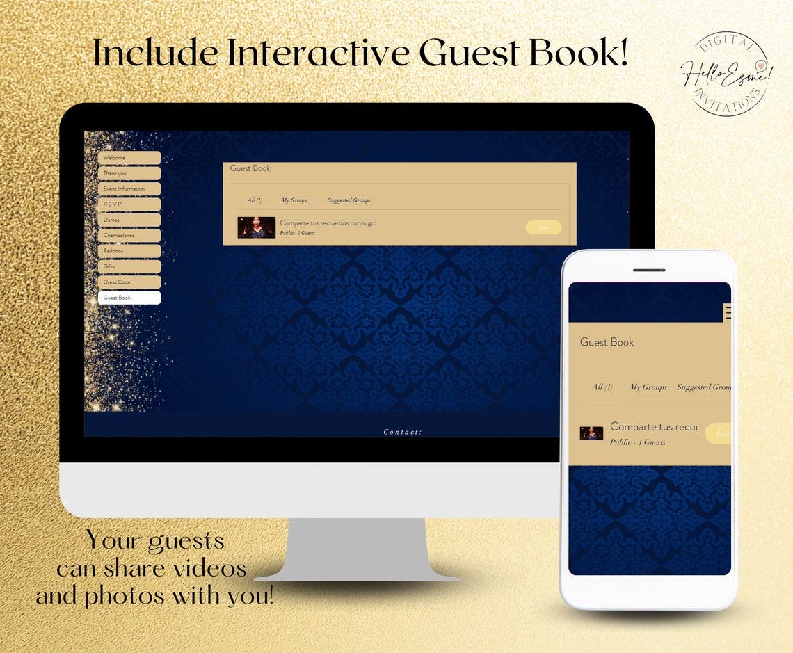 Qr Code Rsvp Quinceanera Invitation Navy Blue, Gold, Red Roses