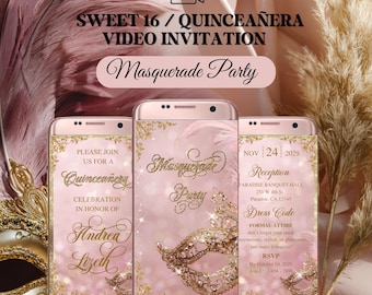 Pink Gold Quinceanera Video invitation | Masquerade Ball digital invitation mp4  | Venetian Mask Quince Invitation | Mardi Gras Sweet 16 XV