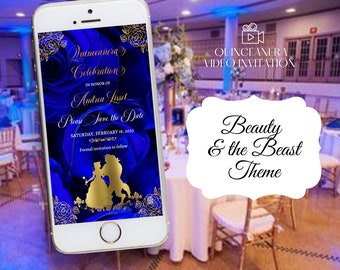 May include: A blue and gold smartphone screen displaying a Quinceañera invitation with a Beauty and the Beast theme. The invitation features a silhouette of Belle and the Beast dancing, surrounded by blue roses and gold accents. The text reads "Quinceañera Celebration in honor of Andrea Lisset. Please save the date: Saturday, February 18, 2023. Formal invitation to follow."