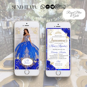 Royal Blue Quince, abito quinceanera blu reale, inviti quinceanera, invito animato, invito dolce 16, blu reale e oro.