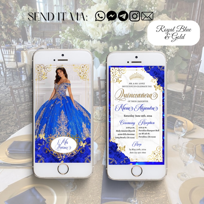 May include: A digital invitation for a Quincea&ntilde;era, featuring a blue and gold colour scheme with a crown, flowers, and butterflies. The invitation includes the name Maria Alejandra, the date Saturday June 15th, 2024, and the times for the ceremony and reception.