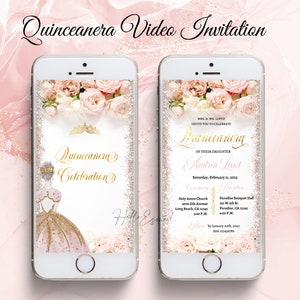 Digital Quinceanera Invitation, Blush Pink, Floral Rose Gold and Butterflies, video invitations,quince invitations, animated invitations.