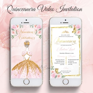 Blush Pink and Gold Digital Quinceanera Invitation, Video Invitation, Gold Butterflies, Floral Invitation, Mis quince, quince invites.