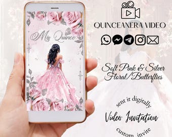Soft pink and silver floral quinceanera digital video invitation, stylish and memorable 15th birthday invite, sweet 16 invitation, XV años