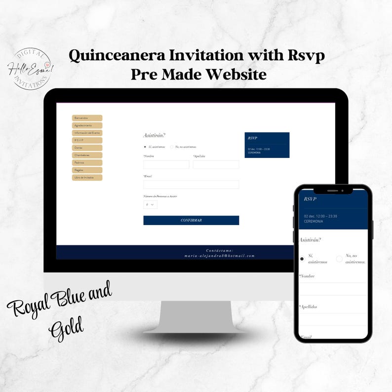 Navy Blue and Gold Quinceanera Invitation Rsvp Website, rsvp QR code, Digital Invitation Website Mis Quince Invites, XV invitations image 7