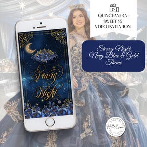 Invito video a tema notte stellata, blu navy e oro, luna e stelle, dolci sedici anni, invito per feste di compleanno di mele cotogne, dolci 16 anni, una notte sotto le stelle.