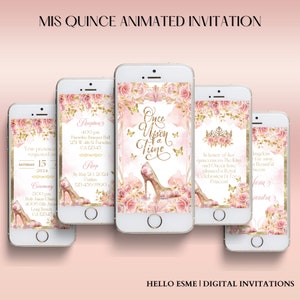 Invitaciones de quinceañera de Érase una vez, invitación de dulces 16, rosa rubor floral, invitación de princesa, invitación española, invitación de Cenicienta