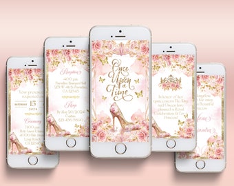 Once Upon a Time, Cinderella Floral Princess Quinceañera Invitation: Blush Pink & Gold (Digital)