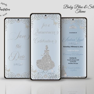 Quinceanera Save the Date Digital Cinderella Theme Video Einladung, Baby Blau und Silber, Save the Date, digitale Einladung