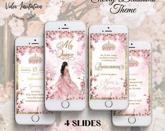 Cherry Blossom Quinceanera Video Invitation: Pink Floral Sakura (Digital) | Digital Invitation | Sweet 16 Invitation | Pink and Gold
