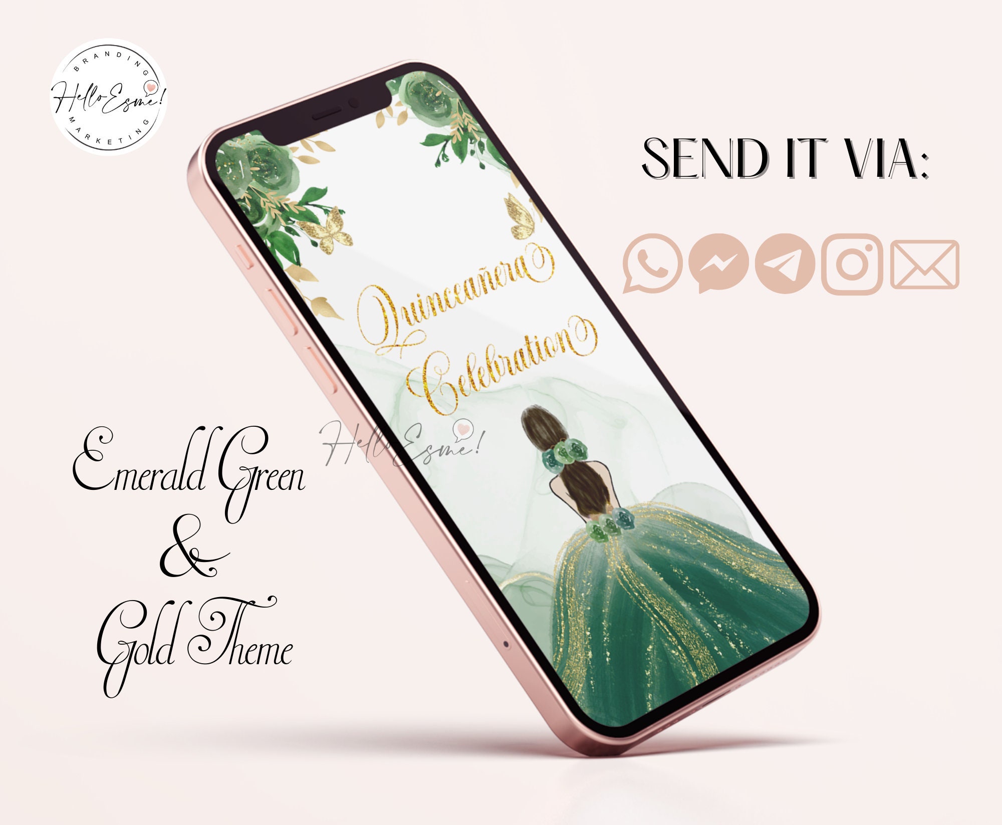 Digital Quinceanera Invitation Emerald Green and Gold, Quinceanera ...