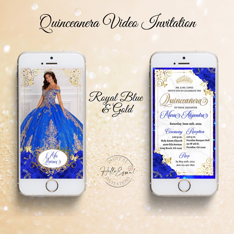 May include: A digital video invitation for a Quincea&ntilde;era. The invitation features a royal blue and gold colour scheme with a floral design. The text on the invitation reads "Quincea&ntilde;era" and "Maria Alejandra". The invitation also includes the date and time of the event, as well as the location of the ceremony and reception.