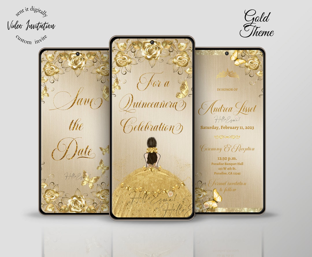Quinceanera Save the Date Gold Theme Video Invitation, Digital Save the
