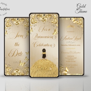 Quinceanera Save the Date gouden thema video-uitnodiging, digitale save the date, digitale uitnodiging, mis kweepeer, quinceanera uitnodigingen goud.