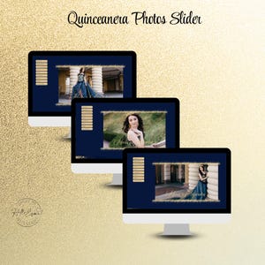 May include: Three computer monitors display a Quinceanera Photos Slider template. Each screen features a dark blue background, a vertical menu of gold buttons, and a central photo frame with gold glitter borders showcasing portraits of a person.