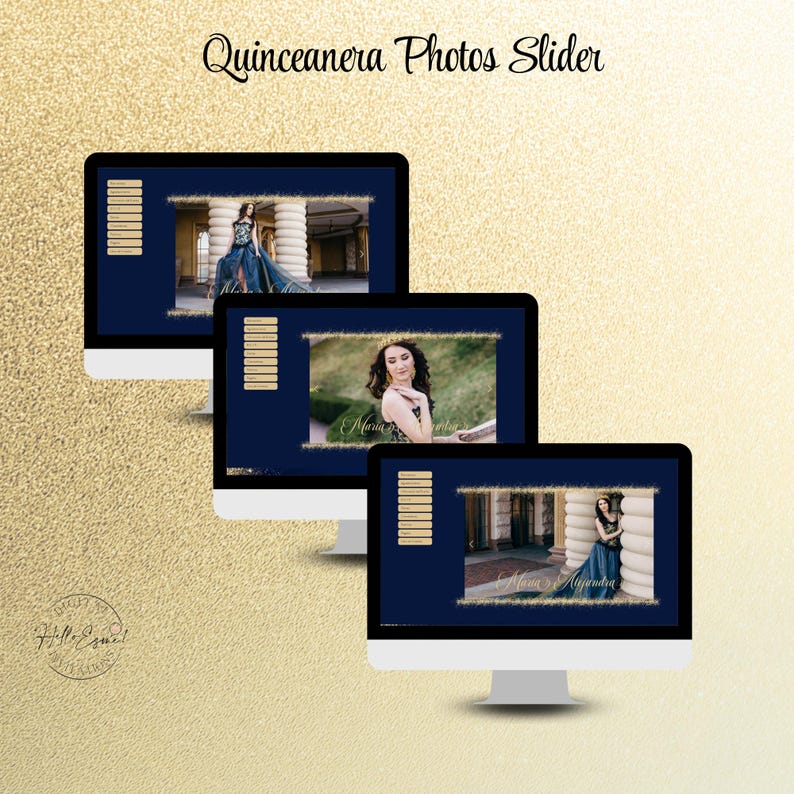 May include: Three computer monitors display a Quinceanera Photos Slider template. Each screen features a dark blue background, a vertical menu of gold buttons, and a central photo frame with gold glitter borders showcasing portraits of a person.