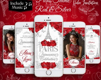 Eiffel Tower Quinceañera Video Invite: Red & Silver Paris Theme (Digital Invitation)