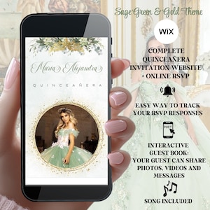 Sage Green and gold Quinceañera Invitation, sweet 16 invitation, Online Rsvp Wix Website, quince invites, sage green floral, qr code card