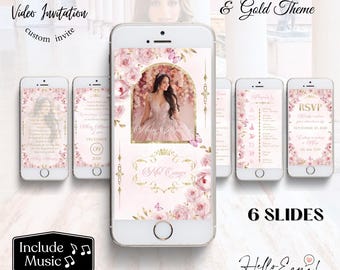 Quinceanera Invitation Blush pink and Gold, Elegant Sweet 16 Video Invitation, Quince invite, animated invitation, blush pink flowers