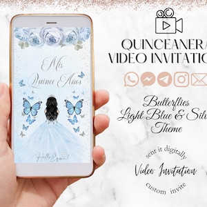 Invito Quinceanera Azzurro e Argento, videoinvito con musica, Invito farfalle, Invito digitale, Invito mela cotogna.