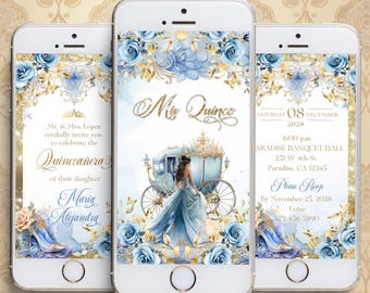 Quinceañera Invitation Cinderella Dusty Blue & Gold: Sweet 16 Princess Carriage Invite, (Digital Download)