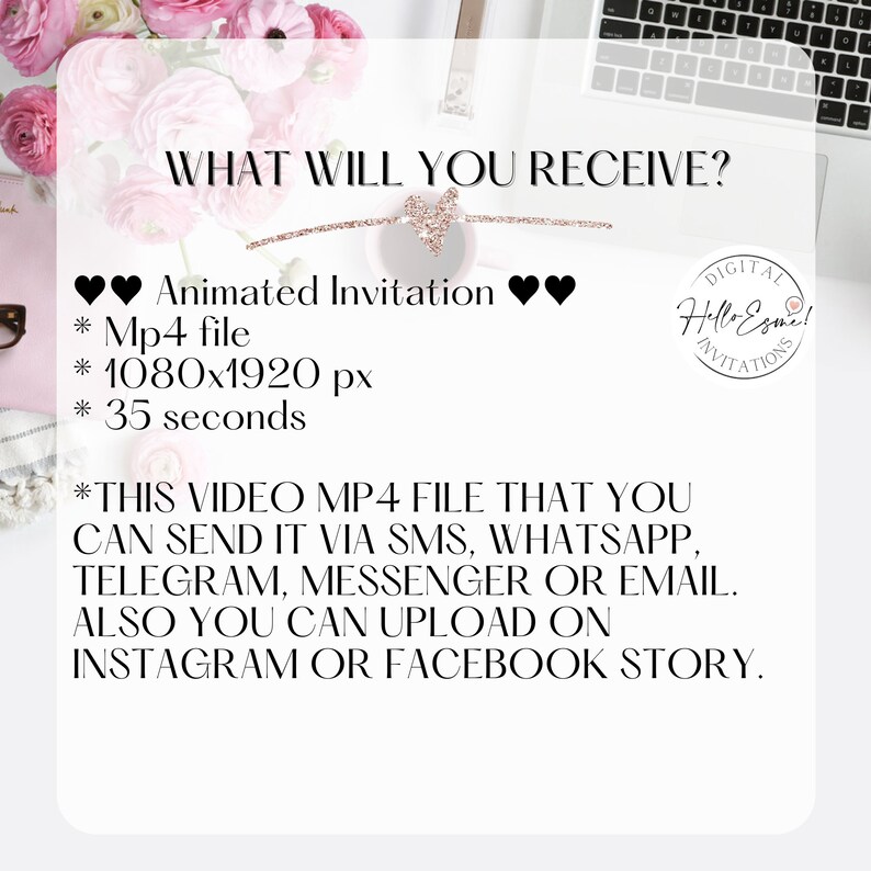 May include: A digital animated invitation for a party or event. The invitation is in the form of a video file that can be sent via SMS, WhatsApp, Telegram, Messenger, or email. The video is 35 seconds long and has a resolution of 1080x1920 pixels.