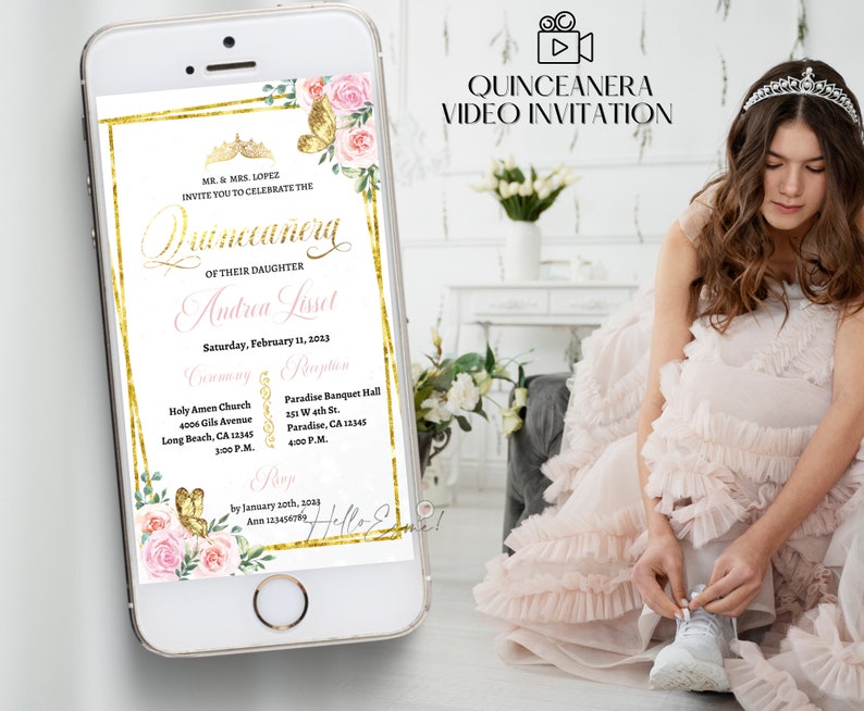 May include: A Quincea&ntilde;era video invitation with a gold and pink floral design. The invitation includes the text "Quincea&ntilde;era" and "Andrea Lisset" with the date "Saturday, February 11, 2013".