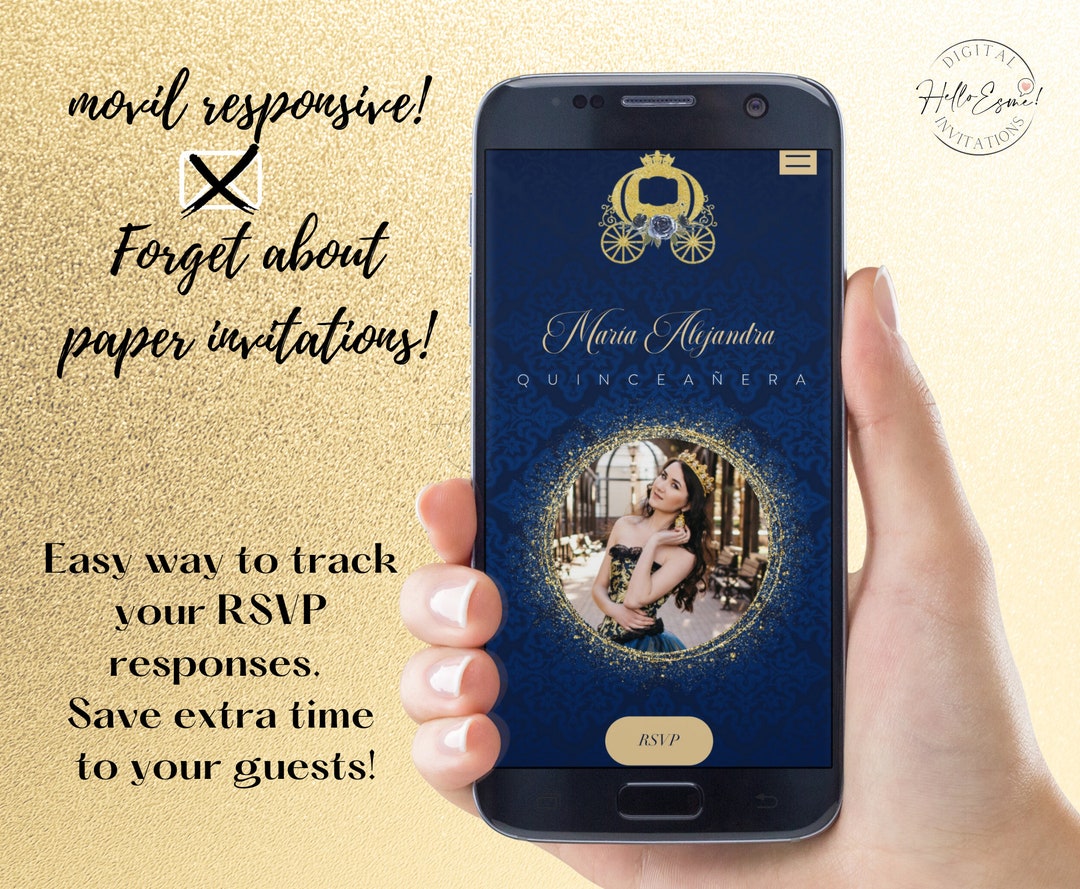 Quinceanera Rsvp Qr Code Invite Navy Blue and Gold, Rsvp Wix site