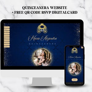 May include: A computer monitor and a smartphone displaying a Quinceanera website with a dark blue background, gold carriage icon, and the text Maria Alejandra Quinceanera. The screens feature a circular photo of a person wearing a crown.