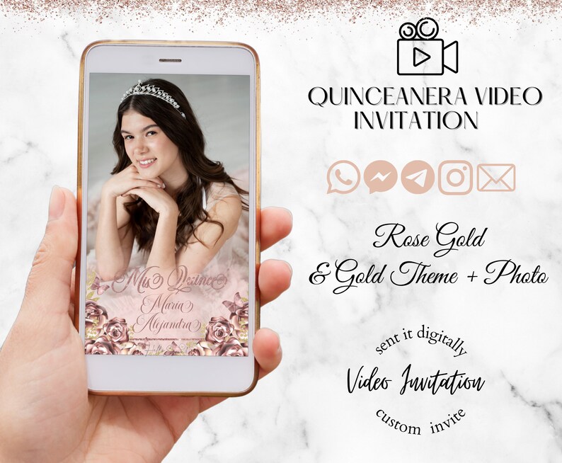 Photo Quinceanera Video Invitation Rose Gold and Gold, Animated ...