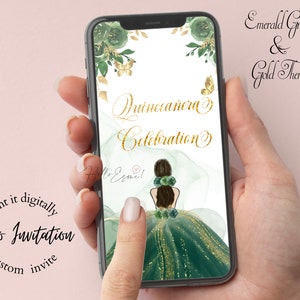 Digital Quinceanera Invitation Emerald Green and Gold, Quinceanera Video Invitation, Mis Quince, animated invitation, xv Invitations. image 4