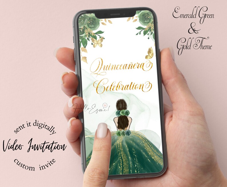 Digital Quinceanera Invitation Emerald Green and Gold, Quinceanera Video Invitation, Mis Quince, animated invitation, xv Invitations. image 4