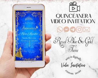 Beauty and the Beast Digital Invitation, Royal Blue Gold Floral Quinceanera Invite, Sweet 16 Birthday Invitation, princess invitation