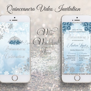 Baby Blue Silver Winter Wonderland Quinceanera Invite, Glitter Snowflake Animated Video Invitation for Mis Quince & Sweet 16 Gift